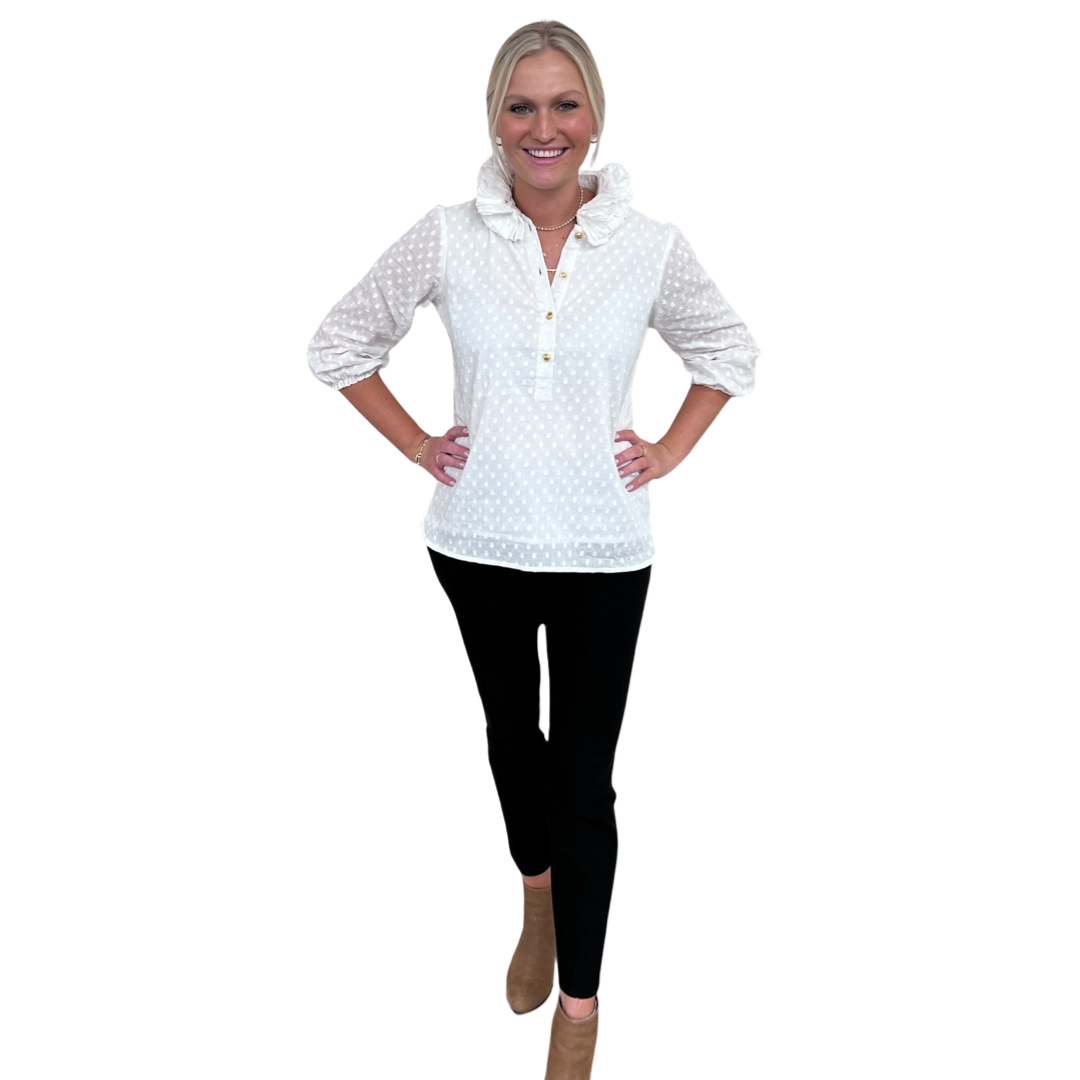 The Maria Ruffle Neck Top in White on White Dot