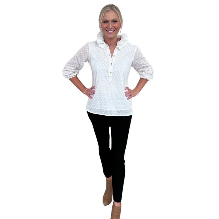 The Maria Ruffle Neck Top in White on White Dot
