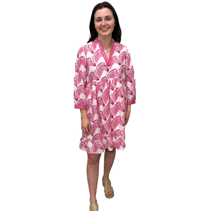 The Show Your Stripes Morley Embroidered Trim Dress in Pink and White Zebra Print — view 3