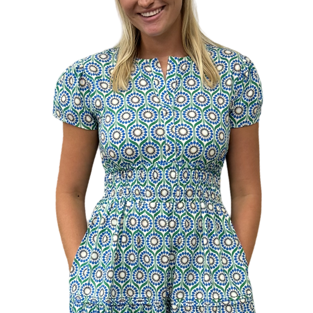The Sydney Cinch Waist Dress in Green Blue Geometric Floral — view 4
