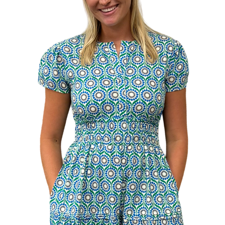 The Sydney Cinch Waist Dress in Green Blue Geometric Floral — view 4