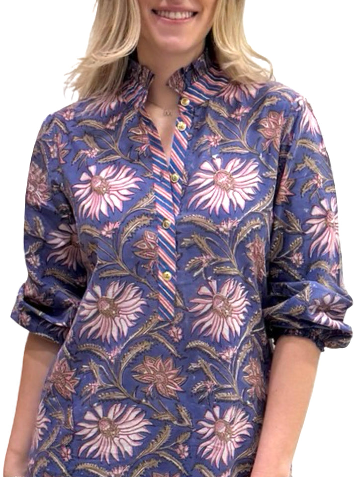 The Tricia Ruffle Trim Hand Block Printed Top in Purple Floral — view 4