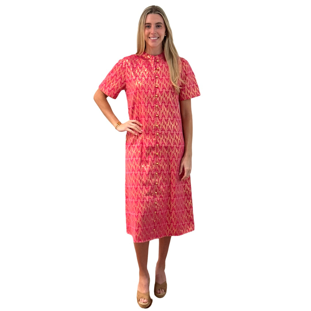 The Tabitha Button Front Dress in Pink and Gold Jacquard