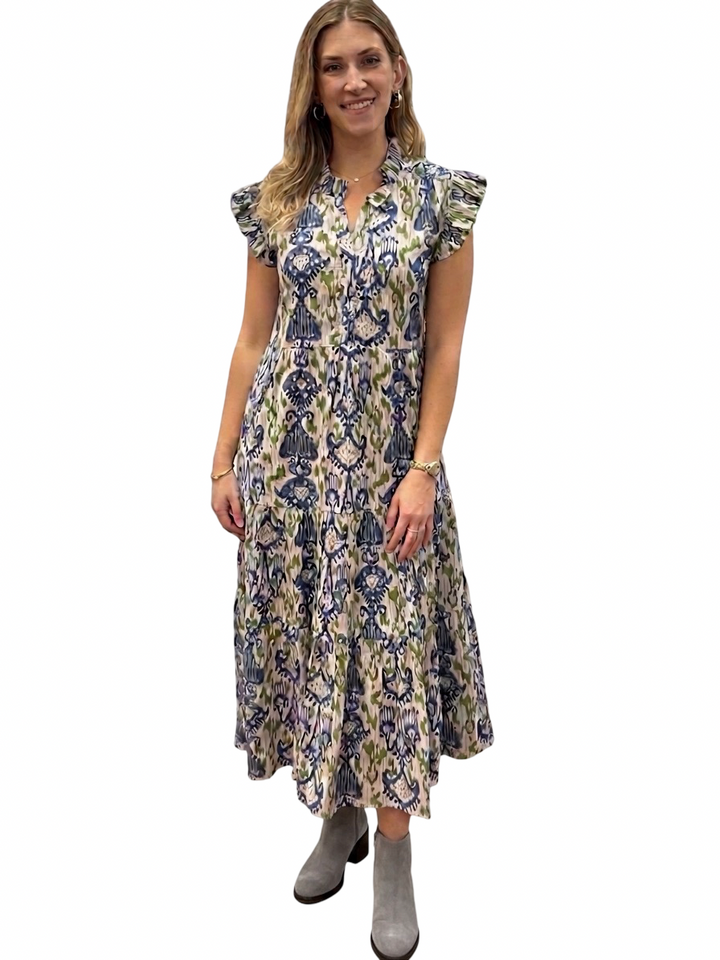 The Campbell Flutter Sleeve Dress in Blue Green Ikat — view 6