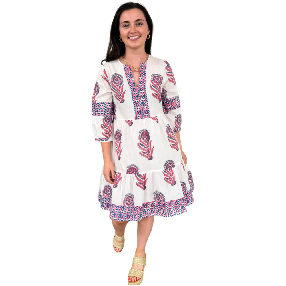 The Evie Hand Block Printed Dress in White and Pink Floral — view 2