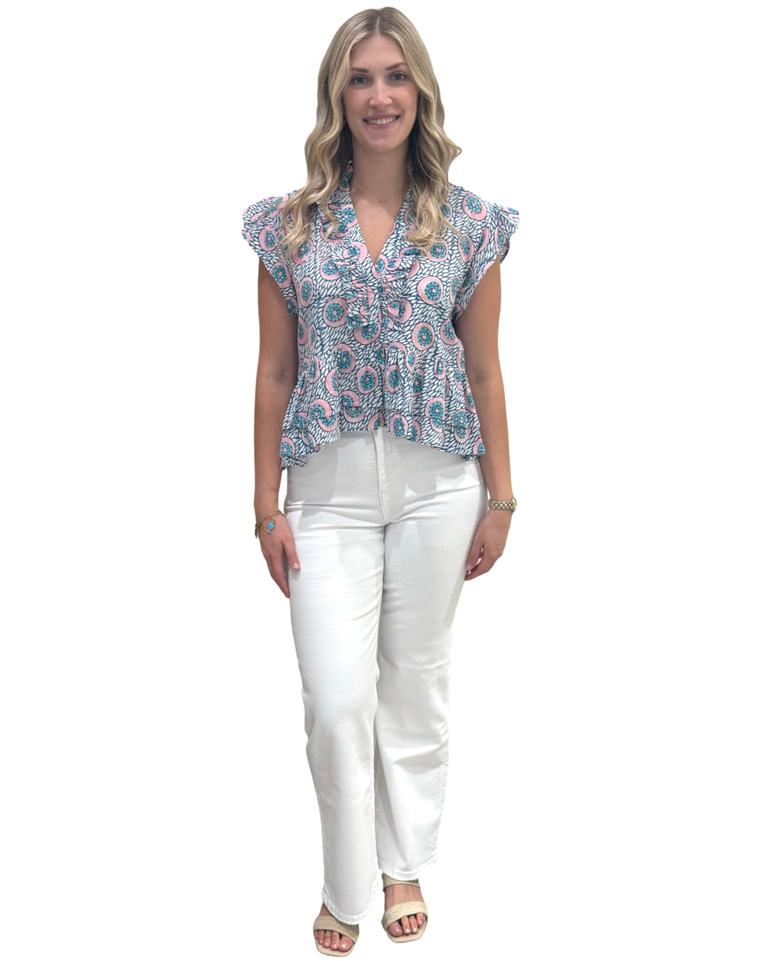 The Bella Ruffle Trim Top in Aqua Pink Hand Block — view 5
