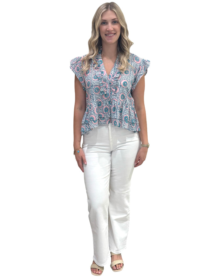 The Bella Ruffle Trim Top in Aqua Pink Hand Block — view 5