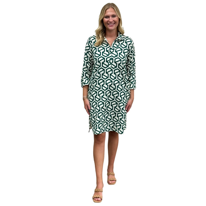 The Lisette Cotton Linen Dress in Emerald and White — view 3