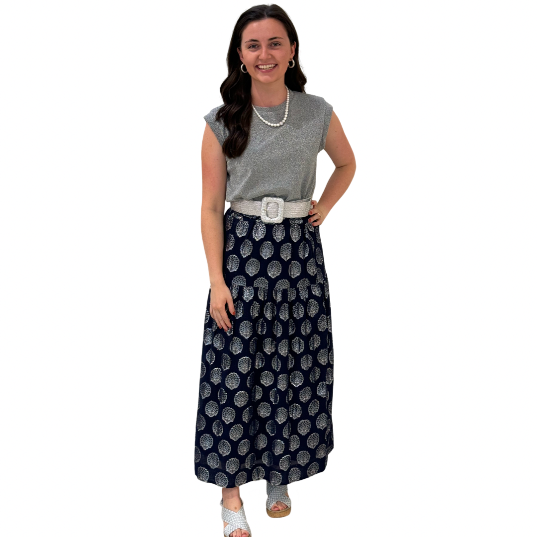 The Lila Elastic Waist Skirt in Navy and Silver