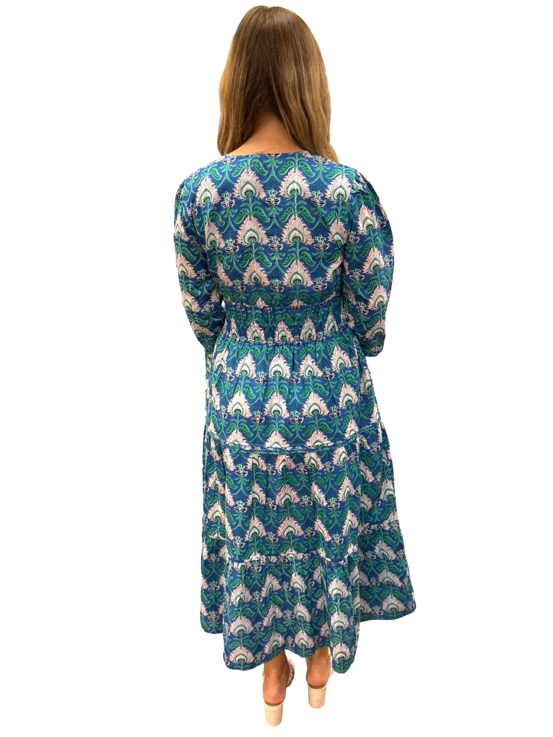 The Sydney Cinch Waist Dress in Blue Green Floral Block Print — view 5