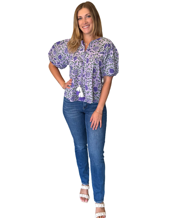 The Poppy Puff Sleeve Top in Purple Floral Hand Block Printed Cotton — view 5