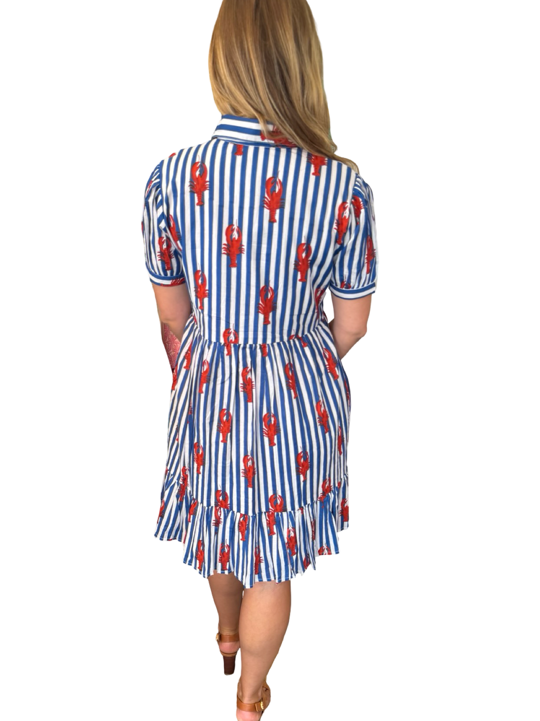 The Tasha Smocked Front Dress in Lobster Striped Cotton