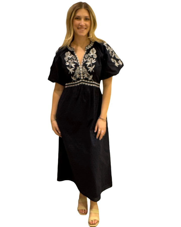 The Gabby Long Embroidered Dress in Navy White — view 5