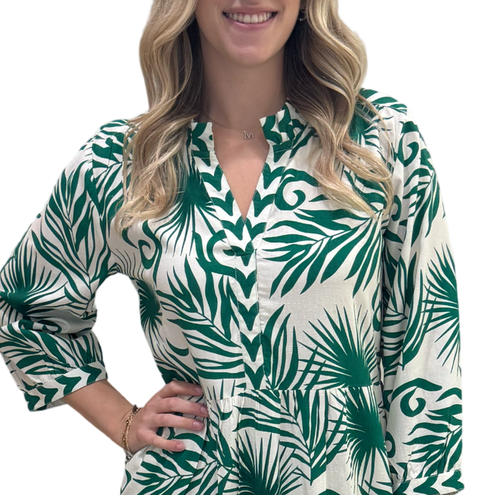 The Campbell Long Classic Fit Dress in Emerald and White Palm Print — view 4