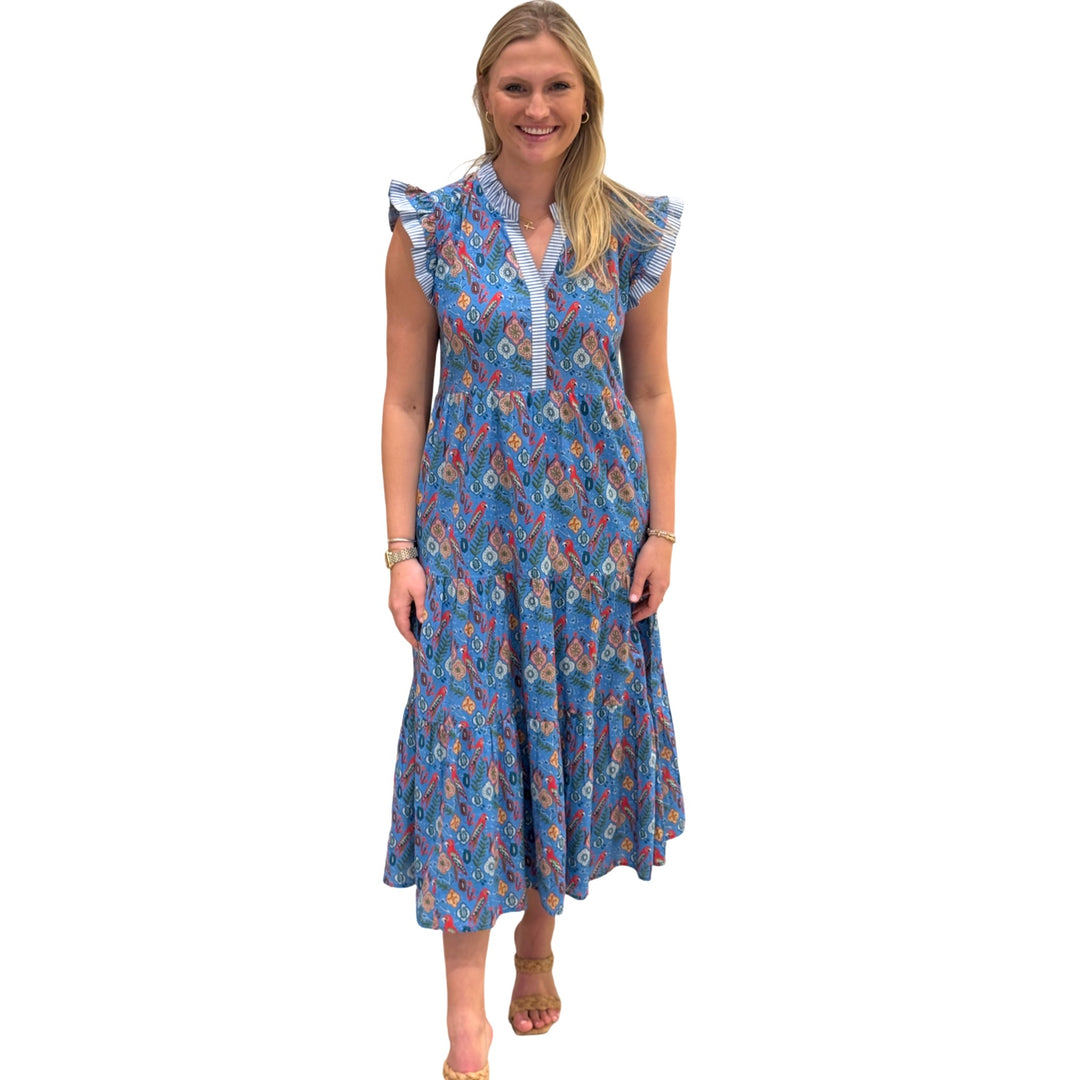 The Campbell Flutter Sleeve Dress in Blue Parrot Print