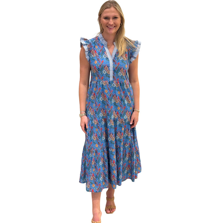 The Campbell Flutter Sleeve Dress in Blue Parrot Print