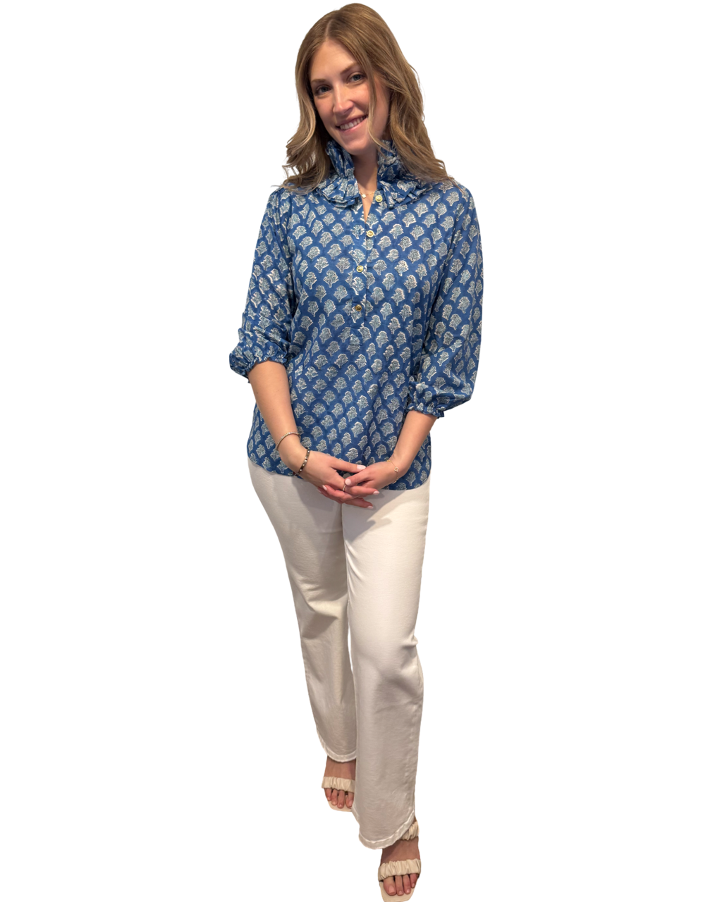 The Maria Ruffle Neck Blouse in Blue and Mint Floral — view 3