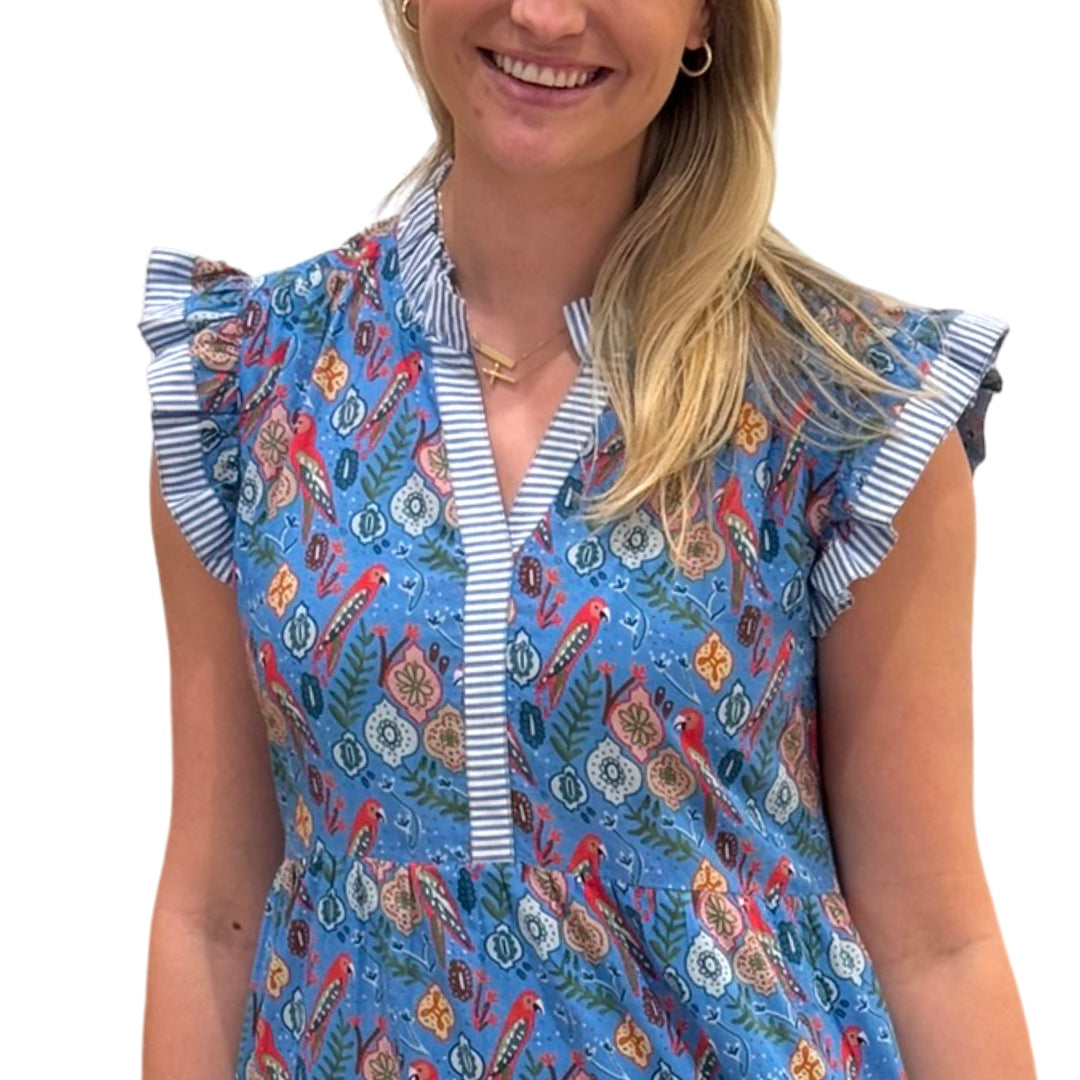 The Campbell Flutter Sleeve Dress in Blue Parrot Print — view 4