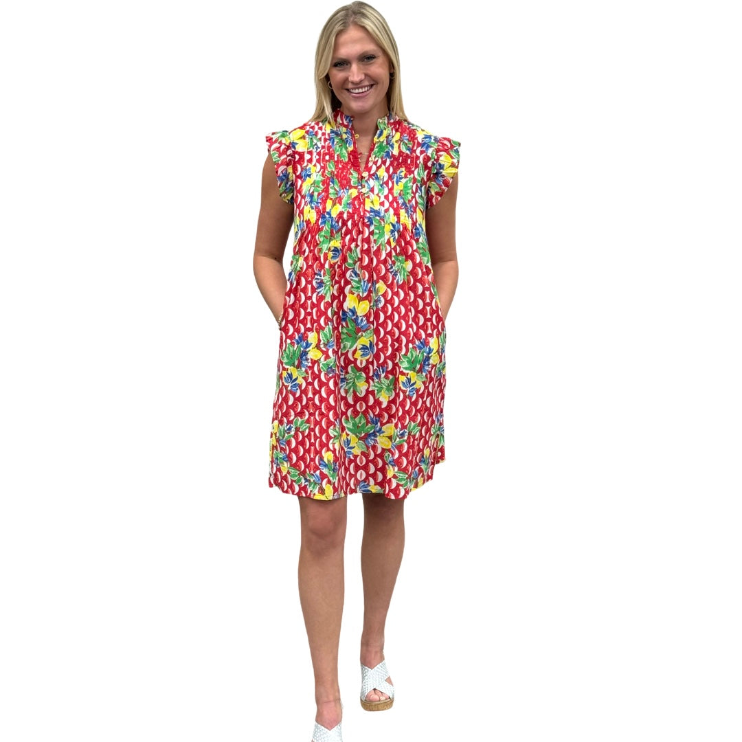 The Maggie Flutter Sleeve Dress in Red Floral Geometric — view 2
