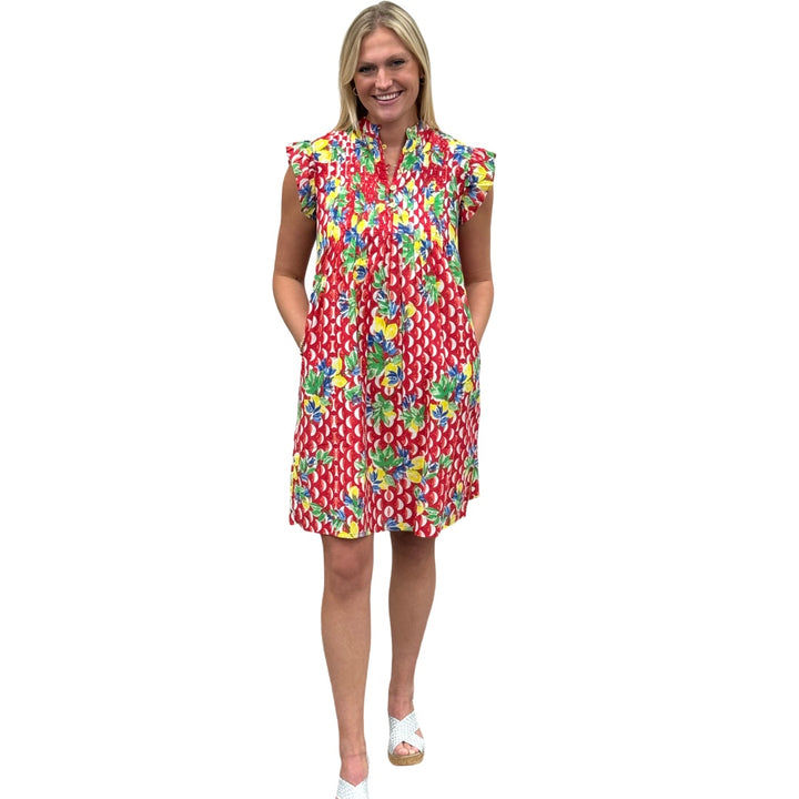 The Maggie Flutter Sleeve Dress in Red Floral Geometric — view 2