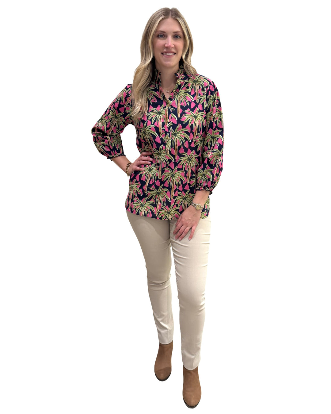 The Tricia Top in Navy Pink Palm Print