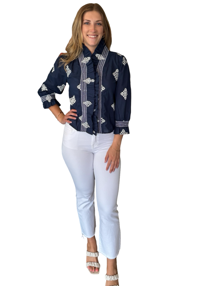 The Amelia Smocked Ruffle Top in Navy with White Embroidery — view 4
