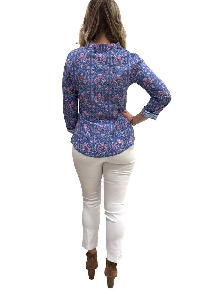 The Eloise Hand Block Printed Cotton Top in Blue and Lavender — view 5