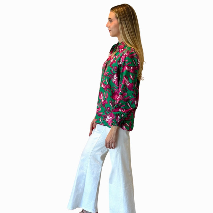 The Callaway Button Front Blouse in Jade Green and Pink Bunny Print — view 4