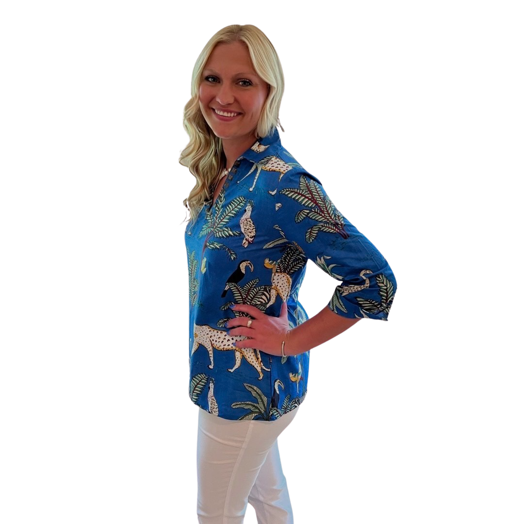 The Carly Cotton Animal Print Top in Maritime Blue — view 7