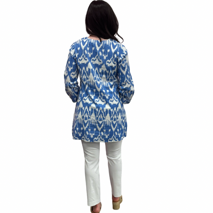 The Key Largo Embroidered Tunic in Blue and White Ikat — view 6