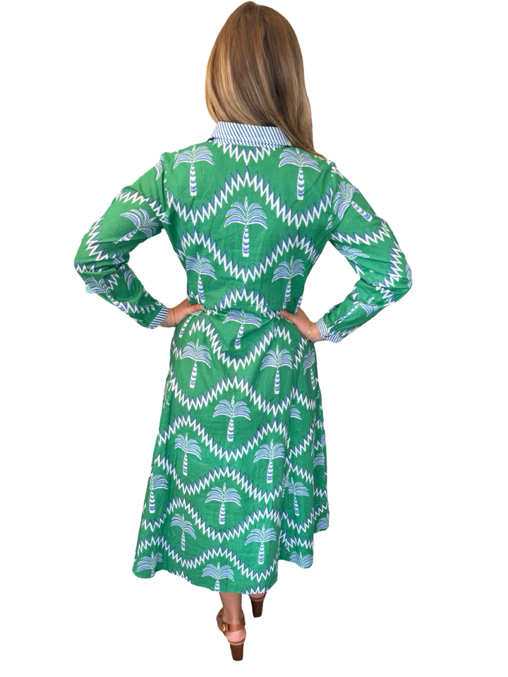 The Marion Button Front Dress in Green Blue Palm Print Cotton