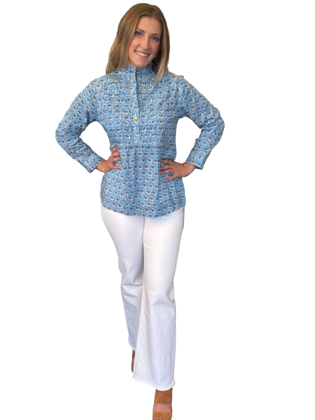 The Veronica Smocked Front Top in Light Blue Hand Block Printed Floral