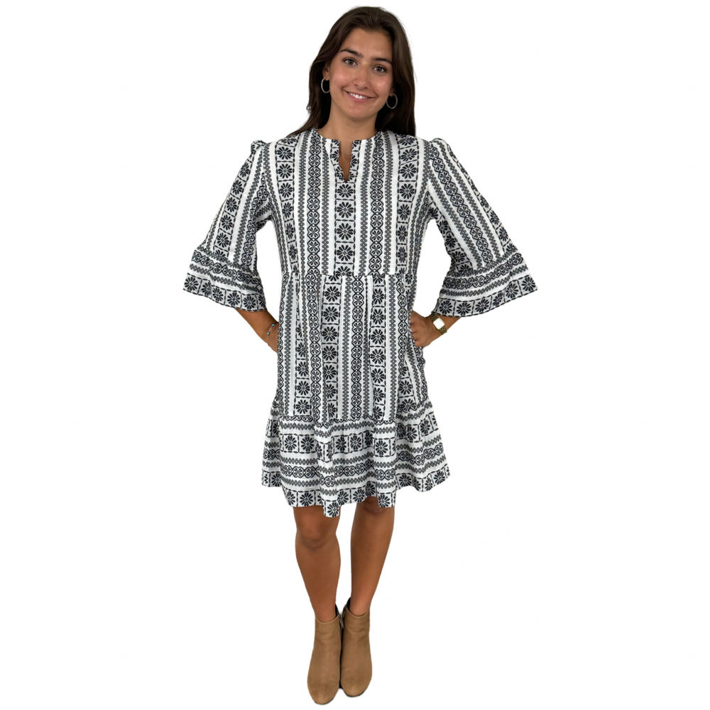 The Alexandra Black and White Jacquard 3/4 Sleeve Dress — view 2