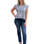 The Bella Ruffle Trimmed Top in White Blue Floral Border Print Cotton