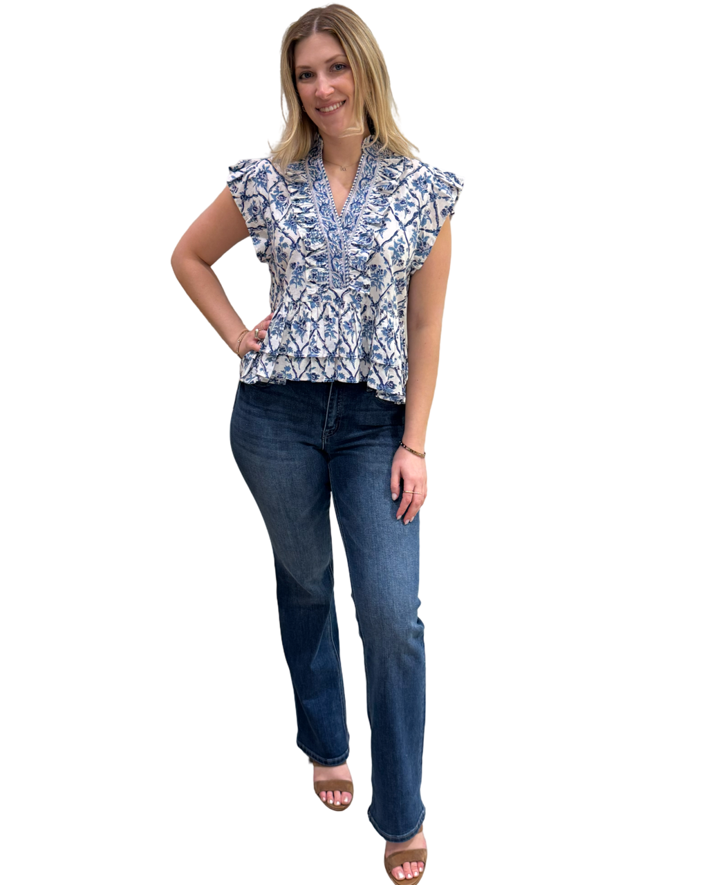 The Bella Ruffle Trimmed Top in White Blue Floral Border Print Cotton