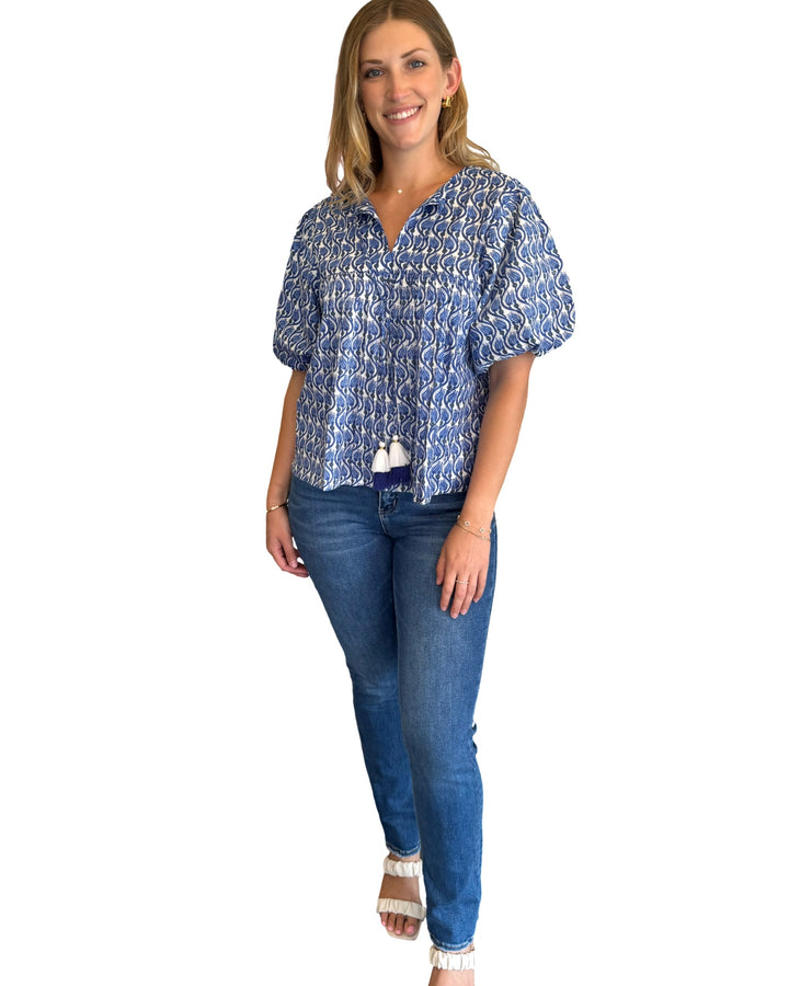 The Poppy Puff Sleeve Top in Blue White Floral Hand-Block Printed Cotton — view 5