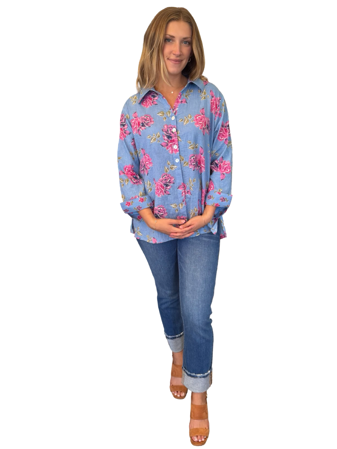 The Mason Button Front Top in Cornflower Blue Pink Floral
