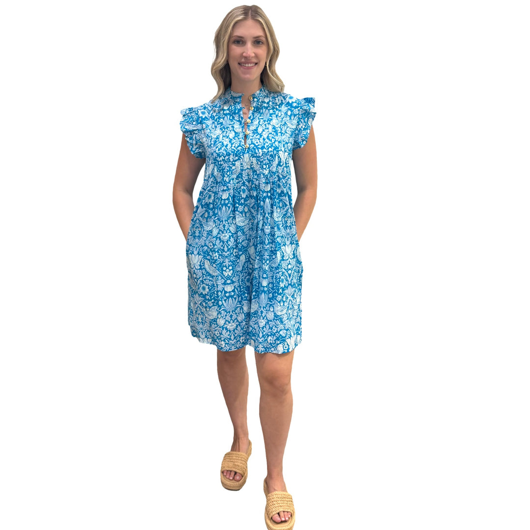 The Maggie Flutter Sleeve Dress in Turquoise and White — view 3