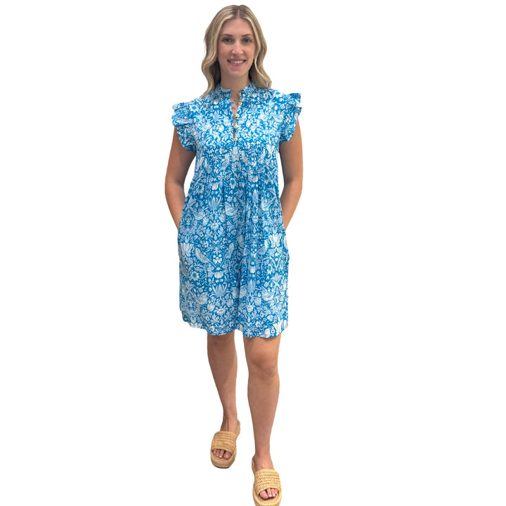 The Maggie Flutter Sleeve Dress in Turquoise and White — view 3