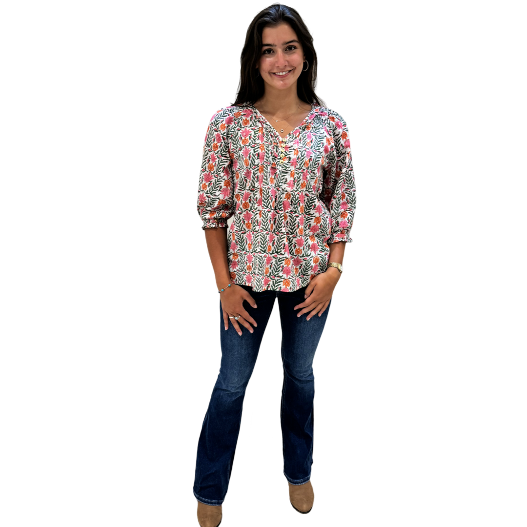 The Izzy Button Front Top in Coral Green Hand-Blocked Cotton — view 3