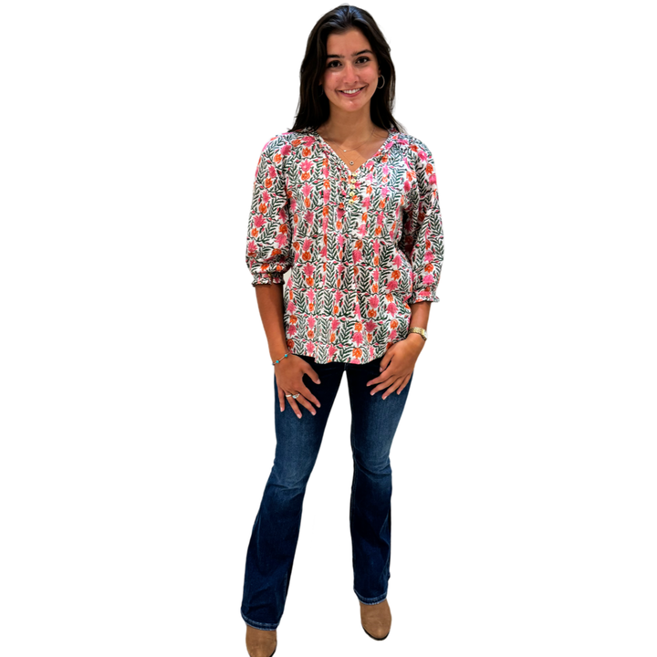 The Izzy Button Front Top in Coral Green Hand-Blocked Cotton — view 3