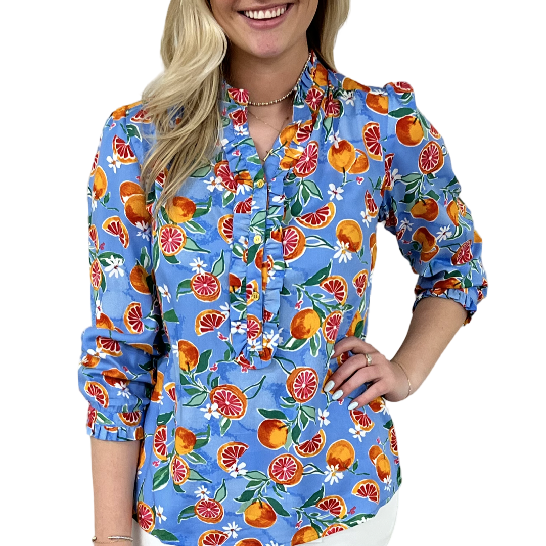 The Carrie Fresh Squeezed Orange Print Blouse in Periwinkle Blue — view 5