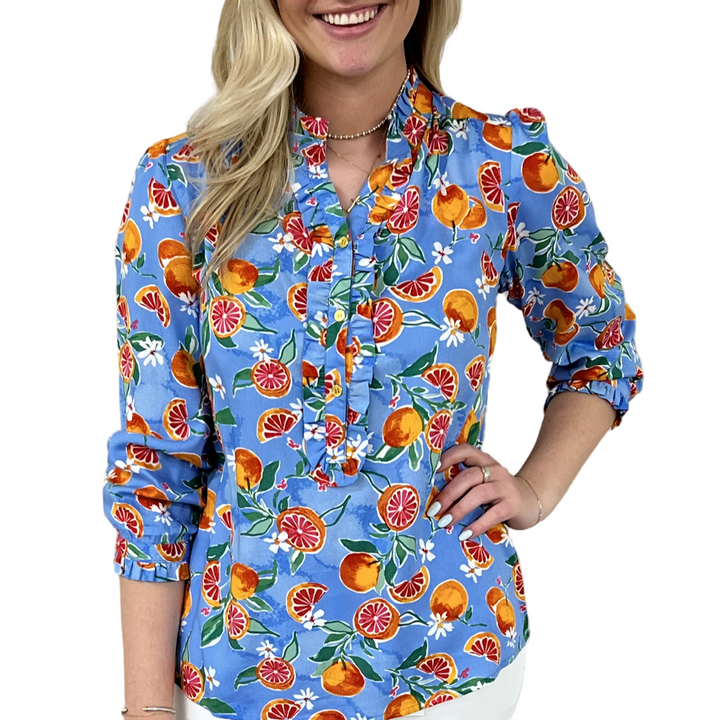 The Carrie Fresh Squeezed Orange Print Blouse in Periwinkle Blue — view 5