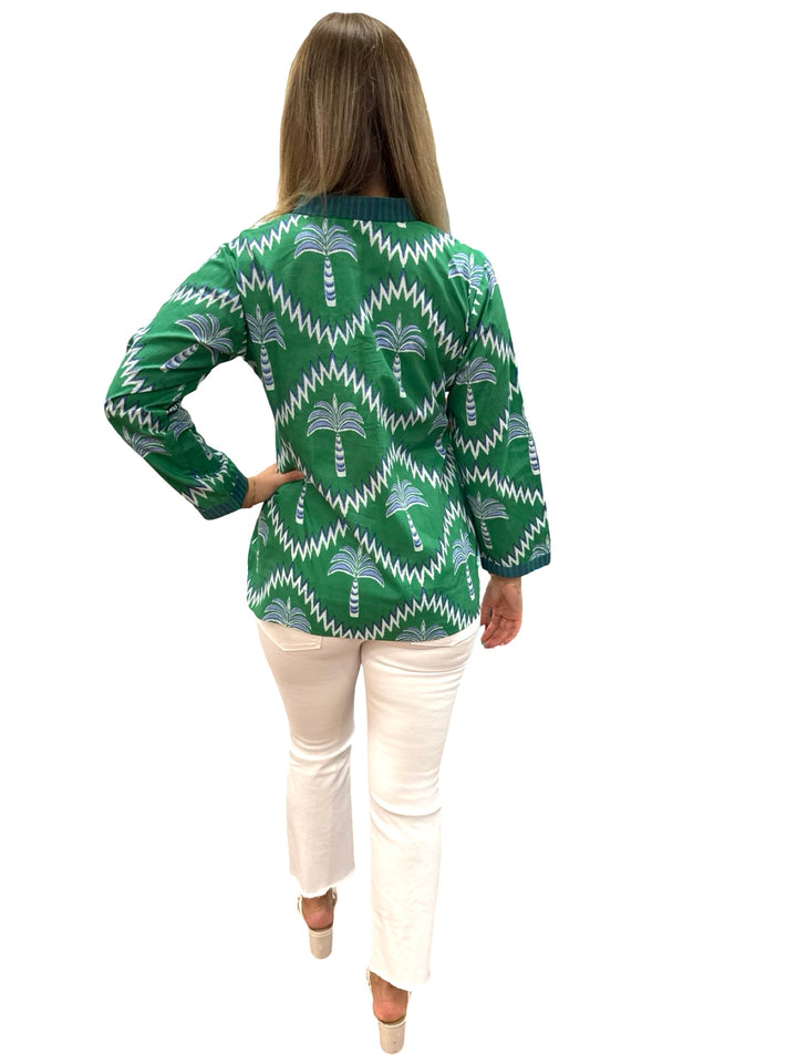 The Winslow Embroidered Trim Tunic in Green Navy Palm Print — view 9