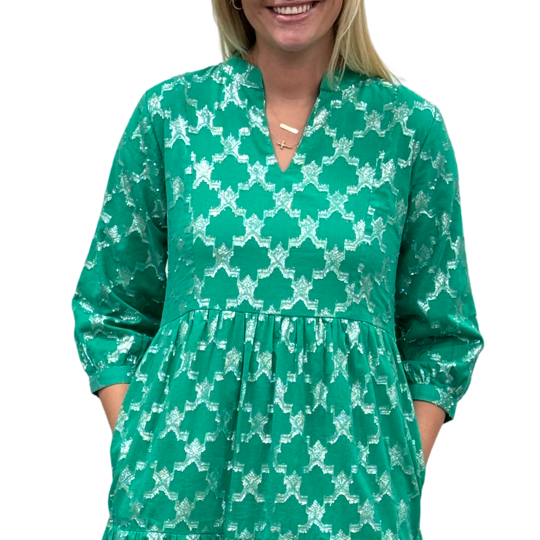 The Preston Metallic Dress in Jade Green and Silver — view 4