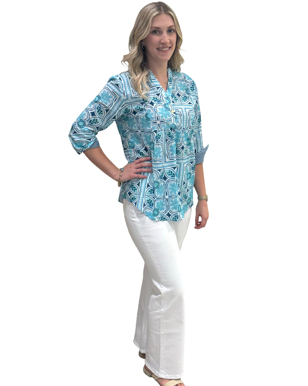 The Elliott Cotton Top in Aqua Tile Print — view 2