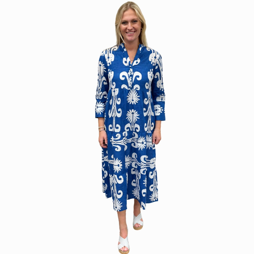 The Addison Dress in Blue White With Self Covered Button Placket — view 2