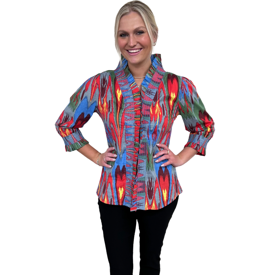 The Amelia Ruffle Front Top in Multicolored Cotton Ikat — view 4