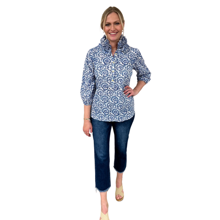 The Maria Ruffle Neck Cotton Blouse in White Blue Hand Blocked Floral — view 3