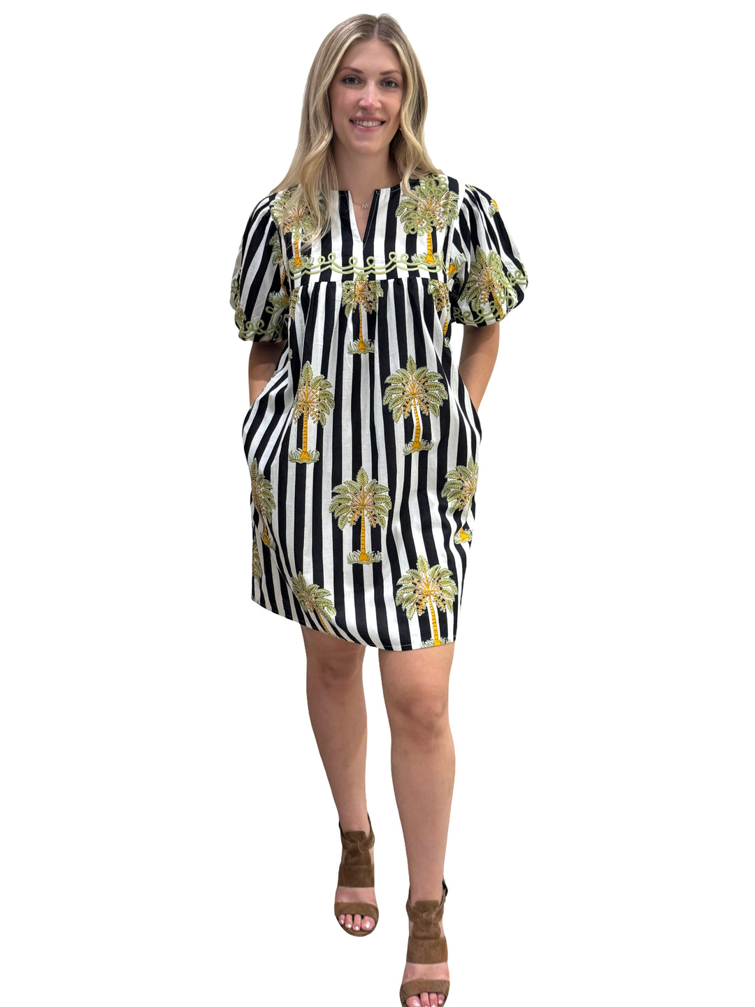 The Poppy Striped Palm Print Dress in Black and White — view 2